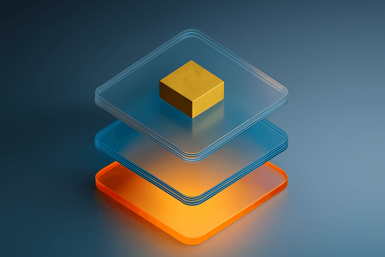 Report cover: layered glass squares with golden cube